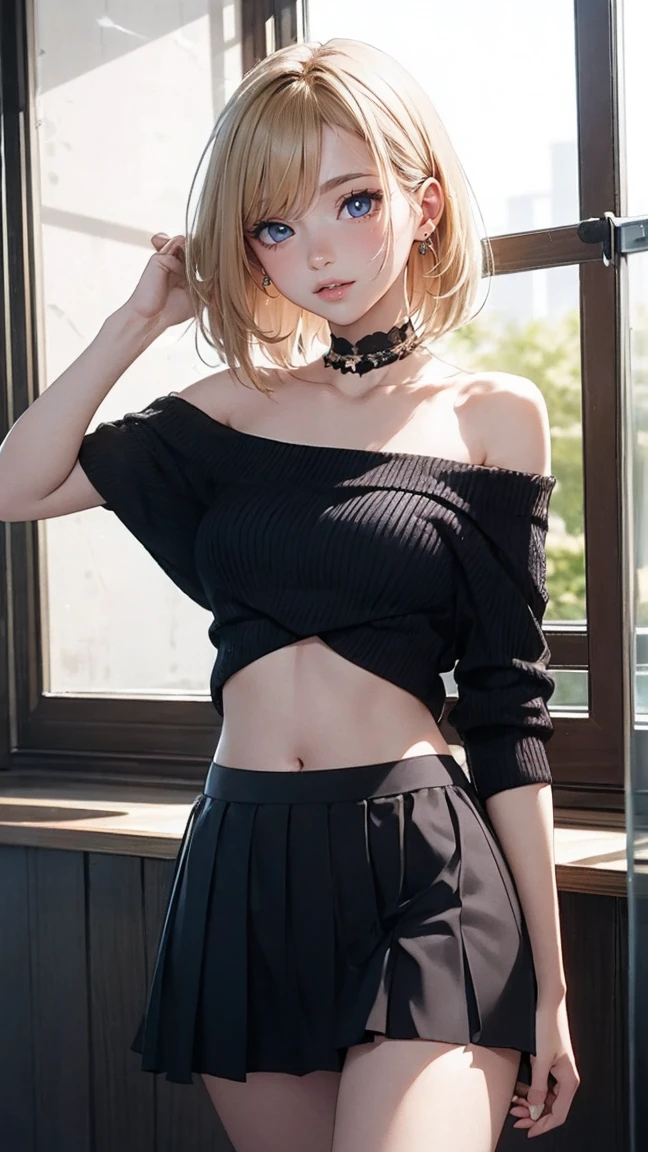 (masterpiece),(premium:1.2),1 girl in,(masseter piece:1.3),exquisite details, Highest quality 8K resolution, ultra detailed, realist, vibrant colors, soft tones, With warm and soft lighting,(Black Off Shoulder Knit:1.3),(Long green skirt,) (short blonde two-tailed hair:1.3),(hair parted in the middle:1.3),(Glowing hair),(dark blue eyes:1.3),White skin, hair clips,I&#39;I&#39;ve been looking at the distant landscape since I was a , and now I can still see their colors.He&#39;Shown on a pure white wall..He entangles the cool wind and takes you with me.Honey so sweet.I grab the boundless dream in both hands and roll around. I&#39;ma a little crazy on the road me&#39;m in, Waiting&#39; for sunrise whenever, whenever(or my dream)
I want to melt into your sweet, Sweet smile.destiny grabs me.He&#39;s confused, but I can hear it discreetly.That place is calling.