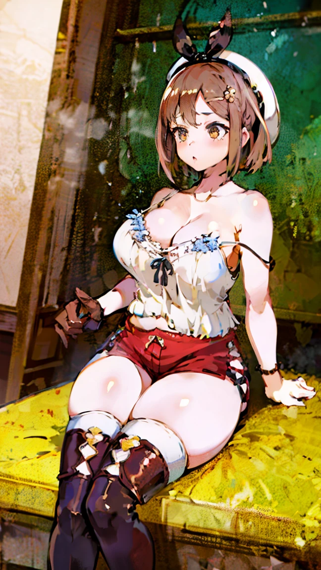 (Highest quality, 8k, masterpiece :1.3),Lizaリン・シュタウト(Lizaのアトリエ),Liza, One woman,Large Breasts,short hair,Brown Hair,hair band,Clothing,hat,White shirt,White camisole,Red shorts,Brown long boots,Blowjob,nsfw,Plump body,Thighs