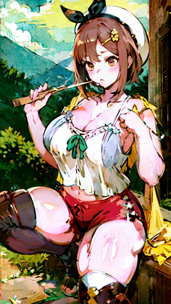 (Highest quality, 8k, masterpiece :1.3),Lizaリン・シュタウト(Lizaのアトリエ),Liza, One woman,Large Breasts,short hair,Brown Hair,hair band,Clothing,hat,White shirt,White camisole,Red shorts,Brown long boots,Blowjob,nsfw,Plump body,Thighs