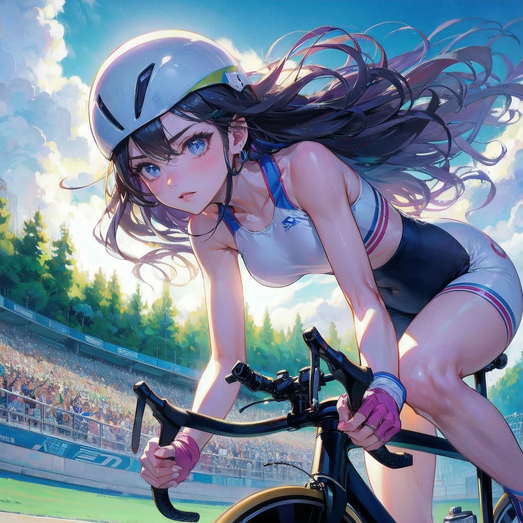 masterpiece, (textured skin), best quality, gorgeous beautiful girl, (a female cycling athlete), detailed clothes,large breasts,narrow waist,, (beautiful face), cinematic lighting, (at cycling venue ),