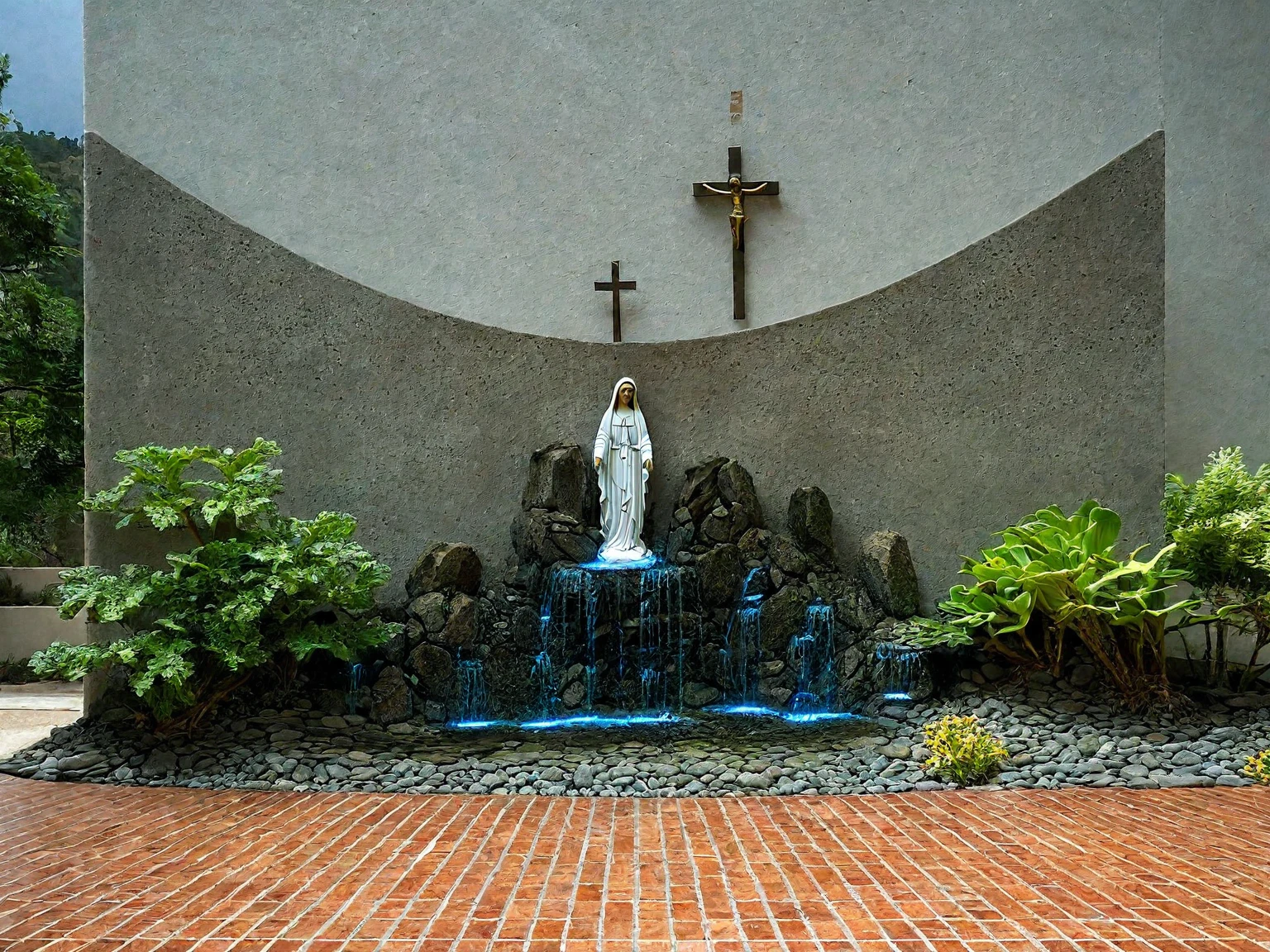 The exterior features a miniature rock garden, with water cascading at the feet of the Virgin Mary. A polished concrete wall with LED lights runs along the back, and there is a tall crucifix behind the Virgin Mary.