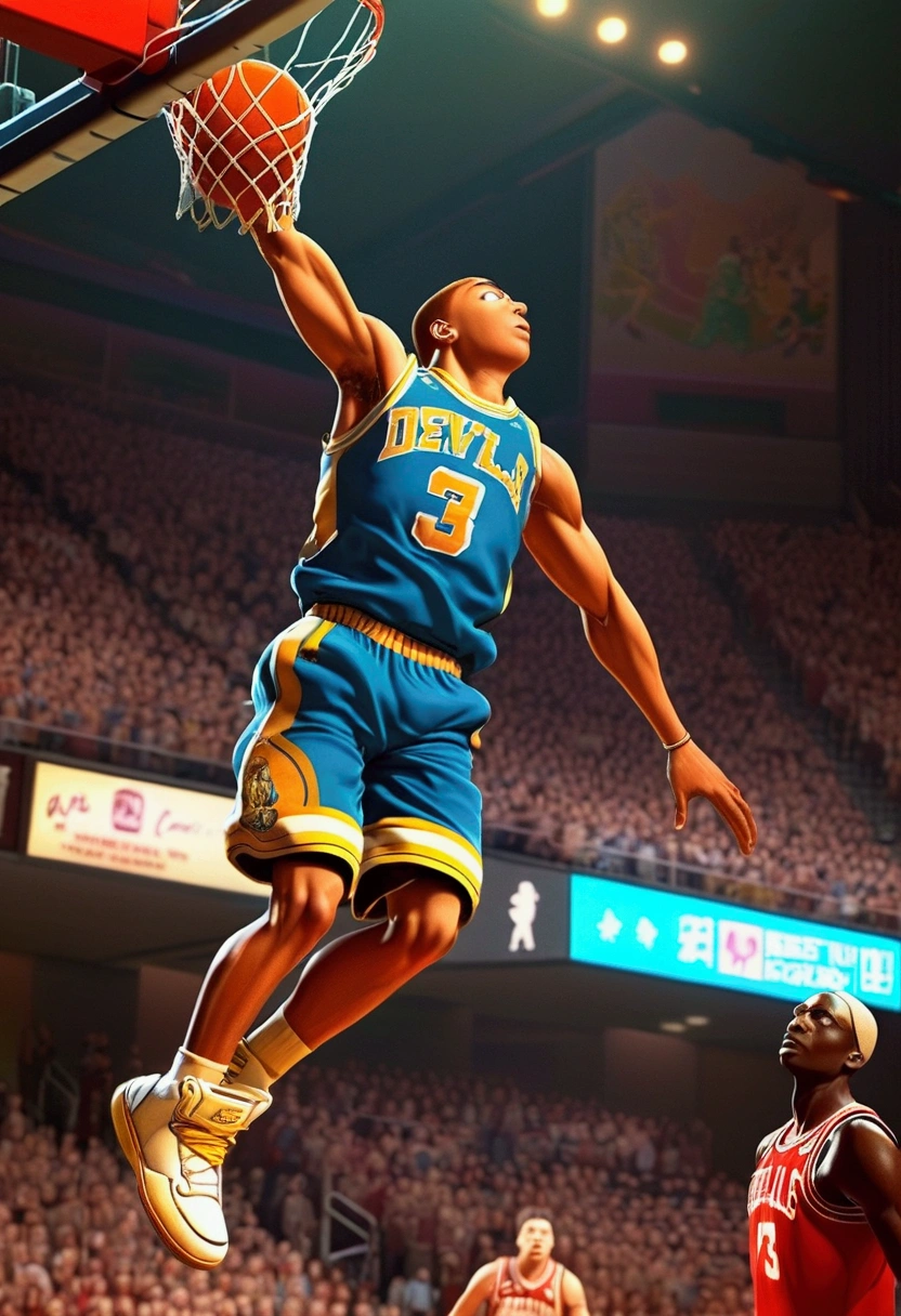basketball Dunk, Game-Winning Dunk, by Makoto Shinkai and Makoto Niitsu style, full body, cinematic still, (best quality, masterpiece), very aesthetic, perfect composition, intricate details, ultra-detailed, vivid colors