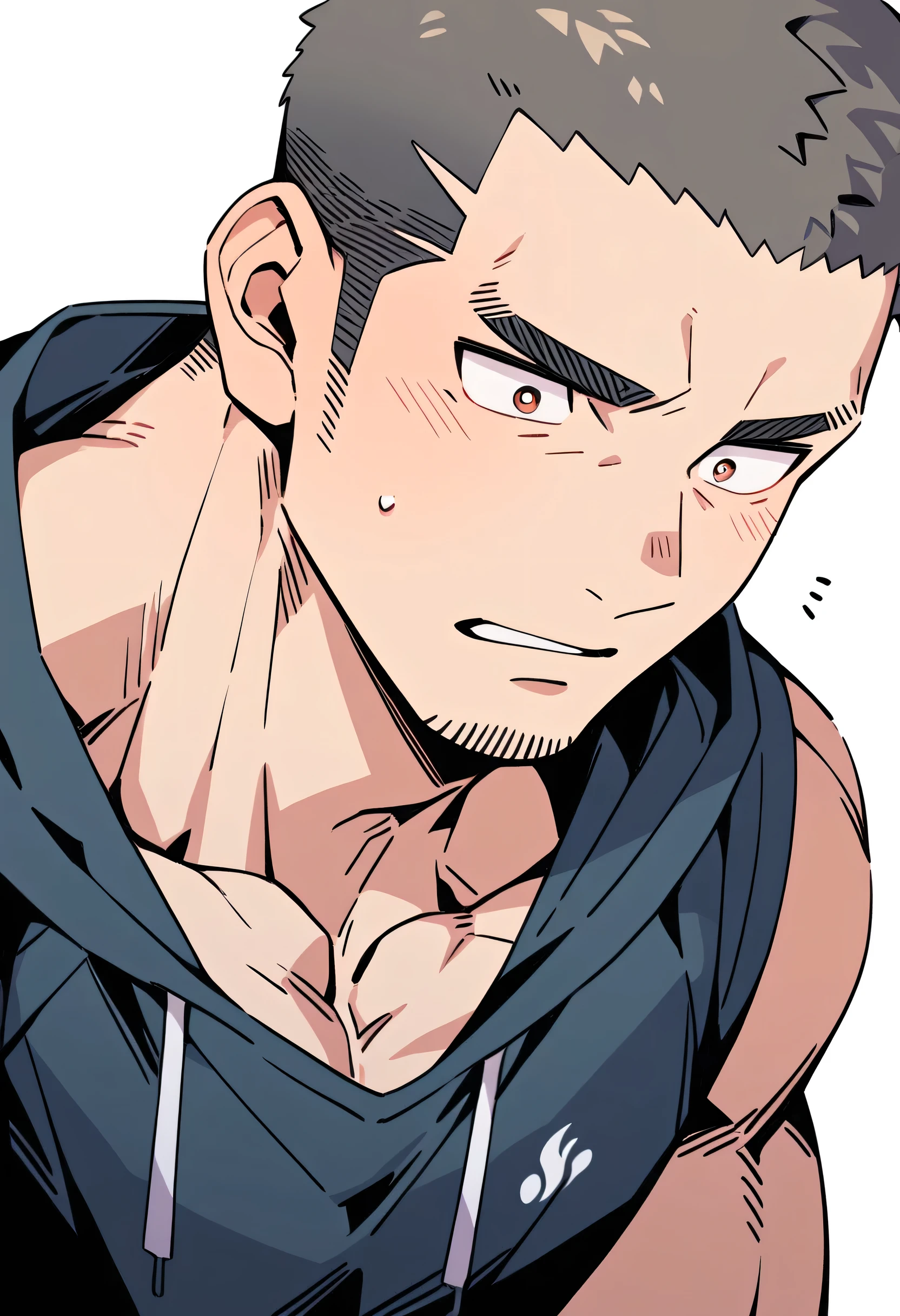 anime characters:Priapus, Muscle Sports Student, Buzz Cut, Manliness, male focus, Sports tight hooded sweatshirt, Very tight, full and perky chest muscles, muscular male, muscular, only, Upper body, alone, Black short hair, Thick eyebrows, stubble, Brown-red pupils, White background, simple background, amazing quality, best aesthetics, Ridiculous, crew cut, parted lips, flustered, endured face, negative space, best quality