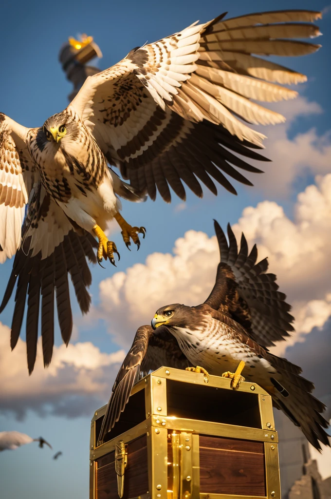 A hawk finds a golden treasure chest in the air