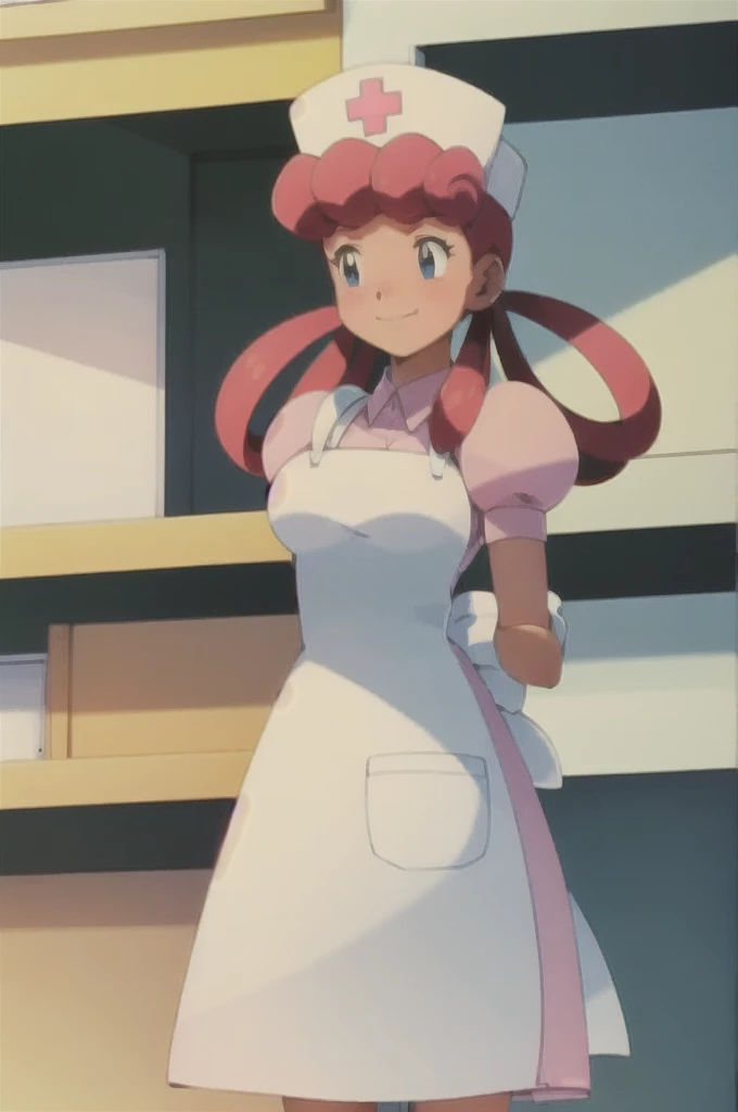 (masterpiece, Highest quality:1.2), nurse joy, Pokemon, blue eyes, Mouth closed, Long Hair, Pink Hair, Short sleeve, nurse, blush, Holding, puffy Short sleeve, Large Breasts, Puff sleeves,  nurse cap, One girl, View your viewers, smile, alone, Have, dress, apron, Hair Ring, clipboard 