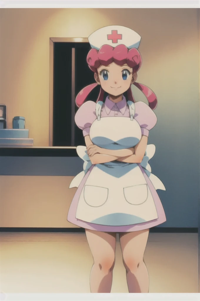 (masterpiece, Highest quality:1.2), nurse joy, Pokemon, blue eyes, Mouth closed, Long Hair, Pink Hair, Short sleeve, nurse, blush, Holding, puffy Short sleeve, Large Breasts, Puff sleeves, nurse cap, One girl, View your viewers, smile, alone, Have, dress, apron, Hair Ring, clipboard