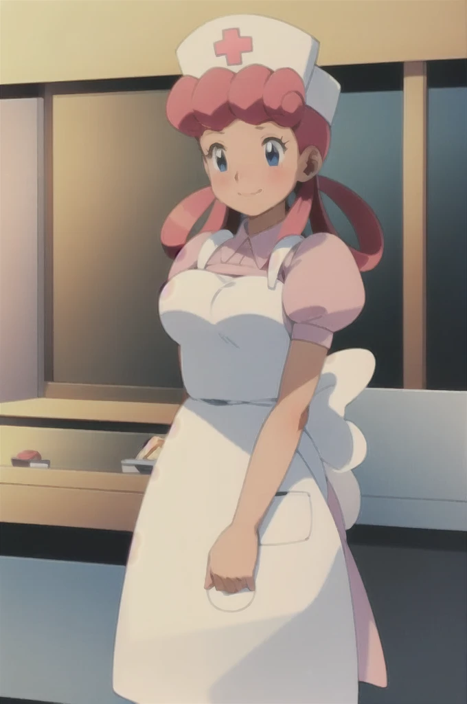 (masterpiece, Highest quality:1.2), nurse joy, Pokemon, blue eyes, Mouth closed, Long Hair, Pink Hair, Short sleeve, nurse, blush, Holding, puffy Short sleeve, Large Breasts, Puff sleeves,  nurse cap, One girl, View your viewers, smile, alone, Have, dress, apron, Hair Ring, clipboard 