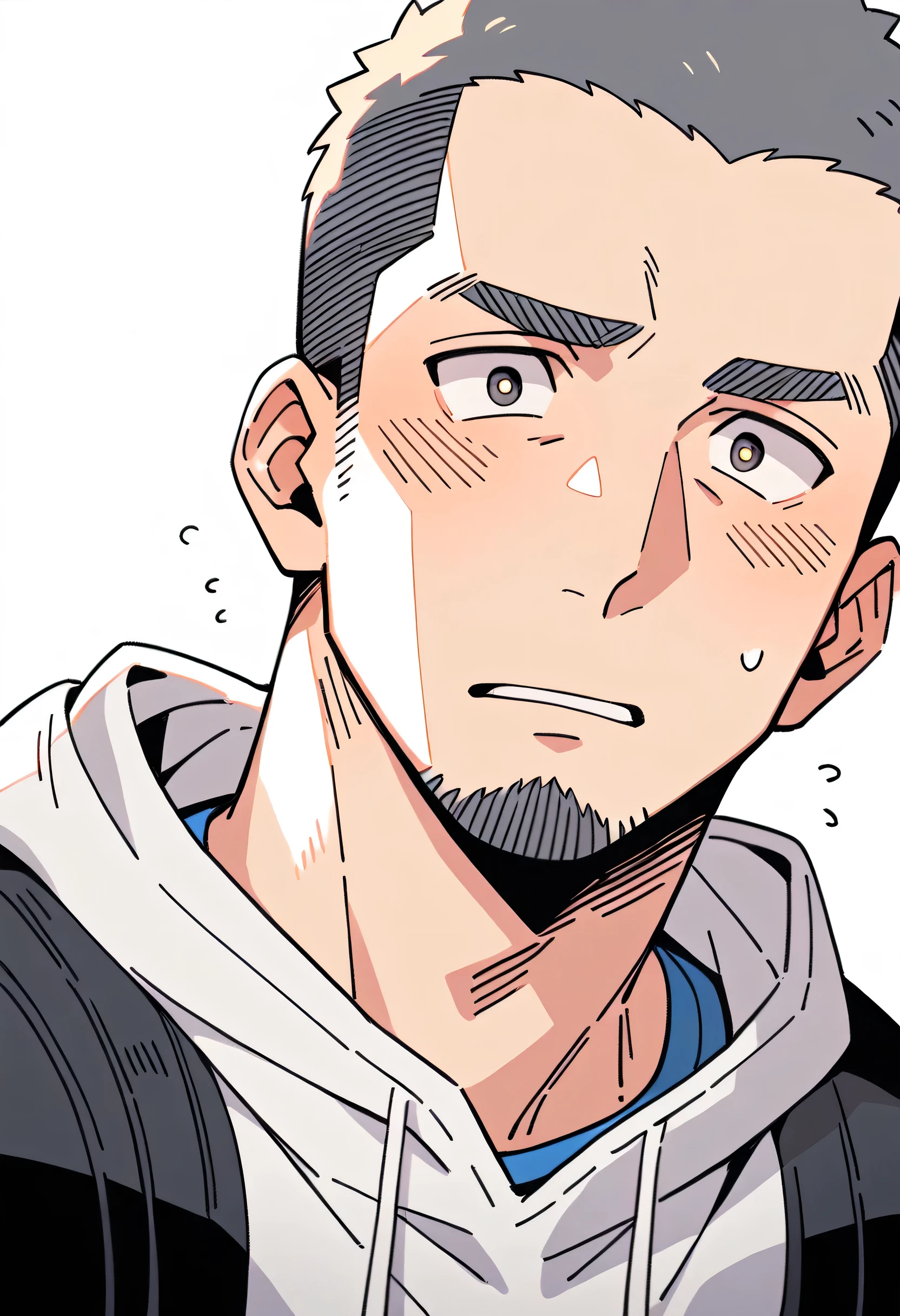anime characters：Priapus, Muscle Sports Student, Buzz Cut, Manliness, male focus, Sports tight hooded sweatshirt, Very tight, full and perky chest muscles, muscular male, muscular, only, Upper body, alone, Black short hair, Thick eyebrows, stubble, Brown-red pupils, White background, simple background, amazing quality, best aesthetics, Ridiculous, crew cut, parted lips, flustered, endured face, shy, blush, negative space, best quality