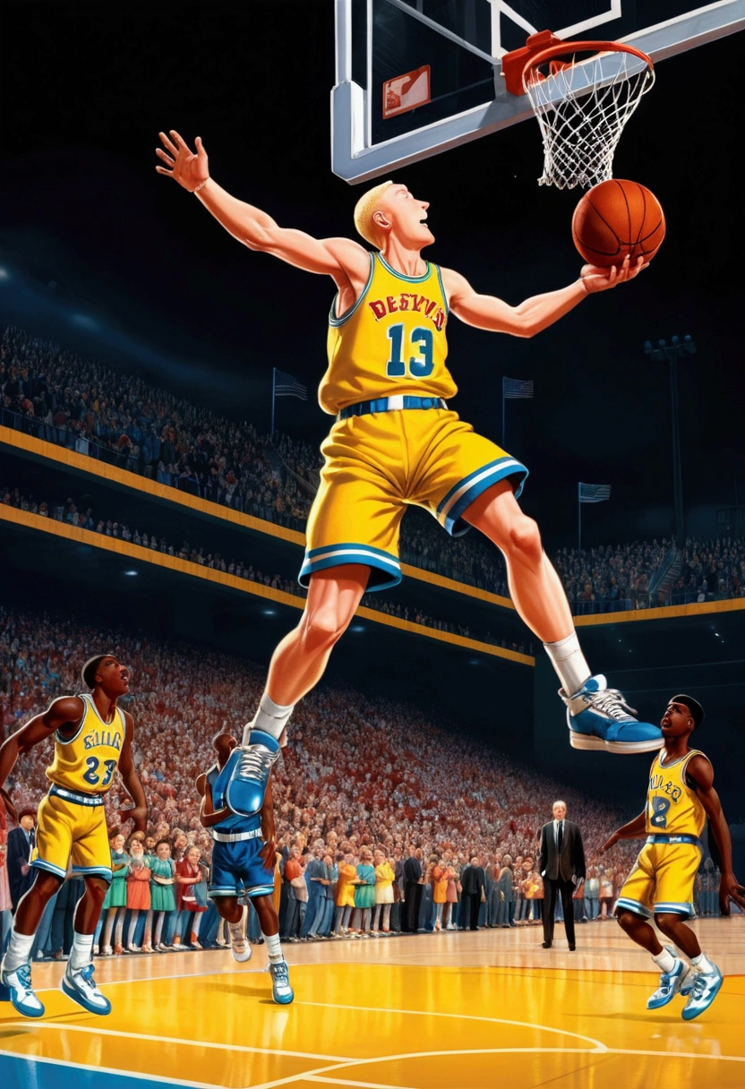 powerful basketball Dunk, Game-Winning Dunk, by Guy Denning, full body, cinematic still, (best quality, masterpiece), very aesthetic, perfect composition, intricate details, ultra-detailed, vivid colors