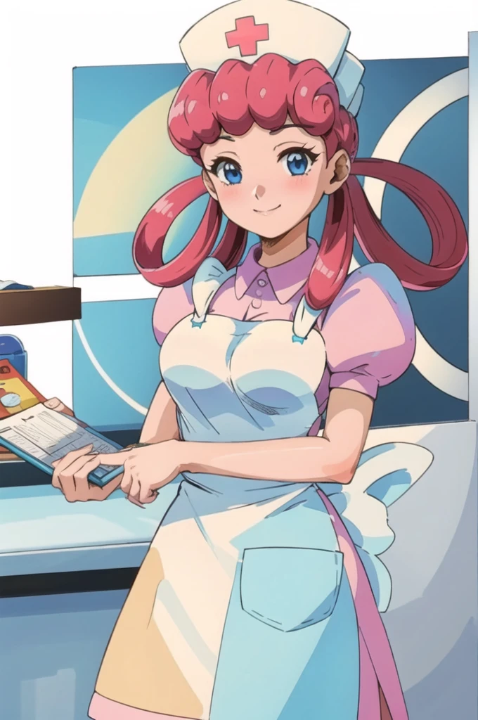 (masterpiece, Highest quality:1.2), nurse joy, Pokemon, blue eyes, Mouth closed, Long Hair, Pink Hair, Short sleeve, nurse, blush, Holding, puffy Short sleeve, Large Breasts, Puff sleeves,  nurse cap, One girl, View your viewers, smile, alone, Have, dress, apron, Hair Ring, clipboard 