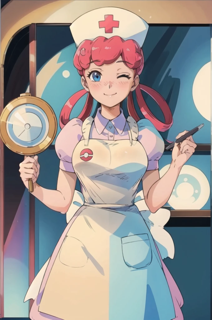 (masterpiece, Highest quality:1.2), nurse joy, Pokemon, blue eyes, Mouth closed, Long Hair, Pink Hair, Short sleeve, nurse, blush, Holding, puffy Short sleeve, Large Breasts, Puff sleeves,  nurse cap, One girl, View your viewers, smile, alone, Have, dress, apron, Hair Ring, clipboard 