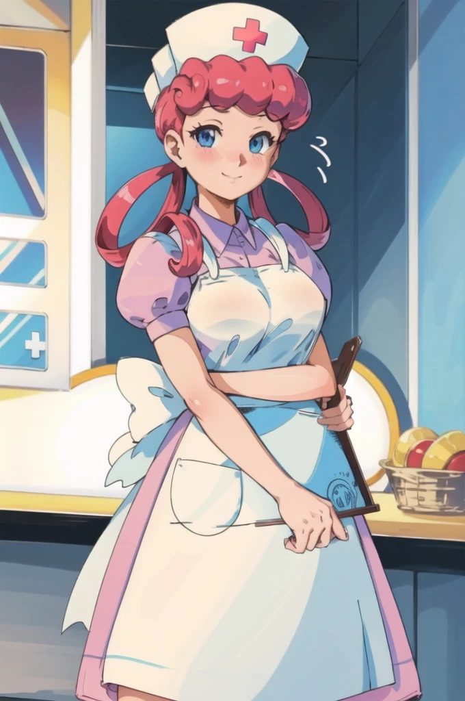 (masterpiece, Highest quality:1.2), nurse joy, Pokemon, blue eyes, Mouth closed, Long Hair, Pink Hair, Short sleeve, nurse, blush, Holding, puffy Short sleeve, Large Breasts, Puff sleeves,  nurse cap, One girl, View your viewers, smile, alone, Have, dress, apron, Hair Ring, clipboard 