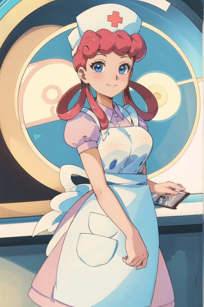 (masterpiece, Highest quality:1.2), nurse joy, Pokemon, blue eyes, Mouth closed, Long Hair, Pink Hair, Short sleeve, nurse, blush, Holding, puffy Short sleeve, Large Breasts, Puff sleeves,  nurse cap, One girl, View your viewers, smile, alone, Have, dress, apron, Hair Ring, clipboard 