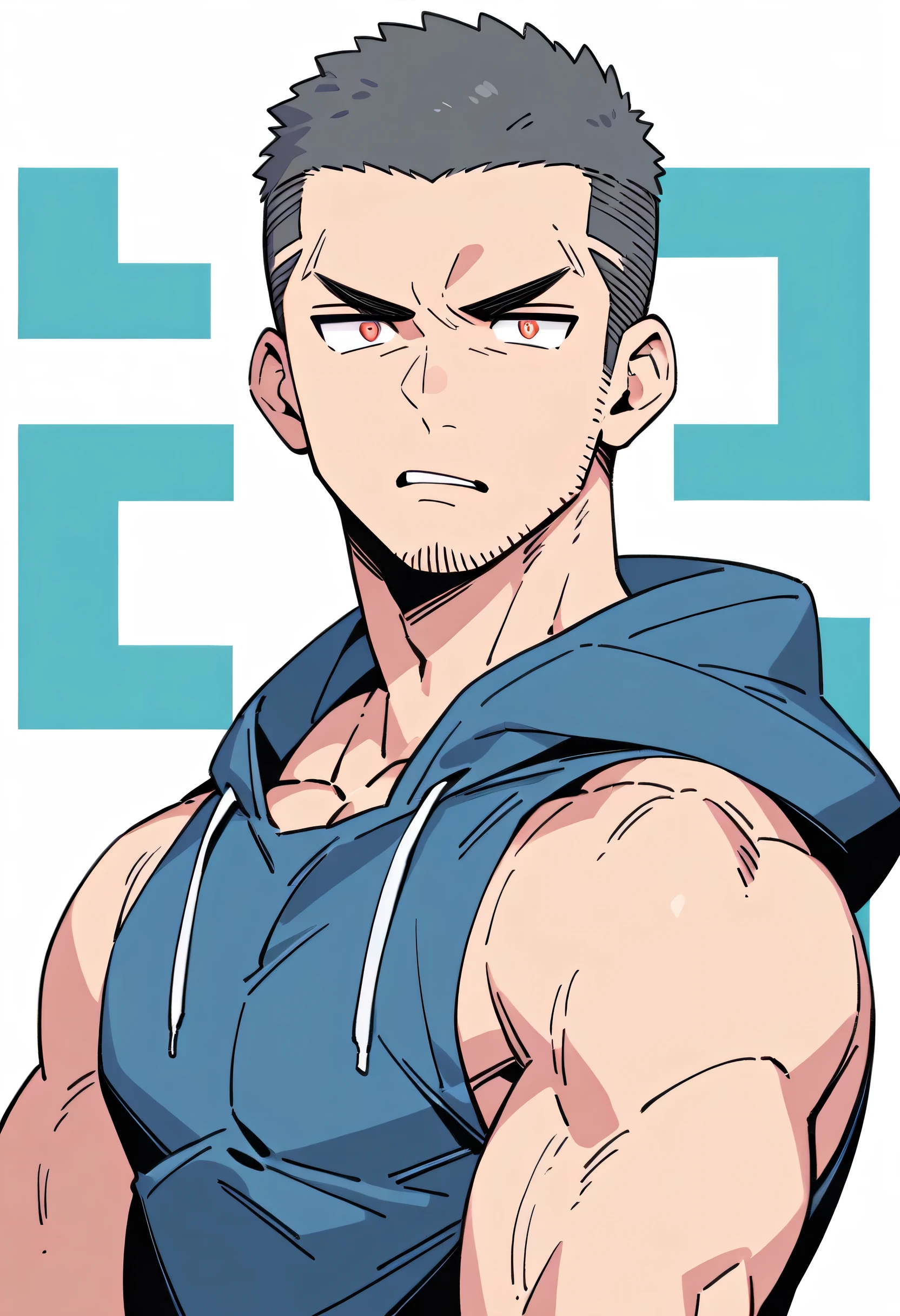 anime characters:Priapus, Muscle Sports Student, Buzz Cut, Manliness, male focus, Sports tight hooded sweatshirt, Very tight, full and perky chest muscles, muscular male, muscular, only, Upper body, alone, Black short hair, Thick eyebrows, stubble, Brown-red pupils, White background, simple background, amazing quality, best aesthetics, Ridiculous, crew cut, parted lips, frown, angry, v-shaped eyebrows, scowl, negative space, best quality