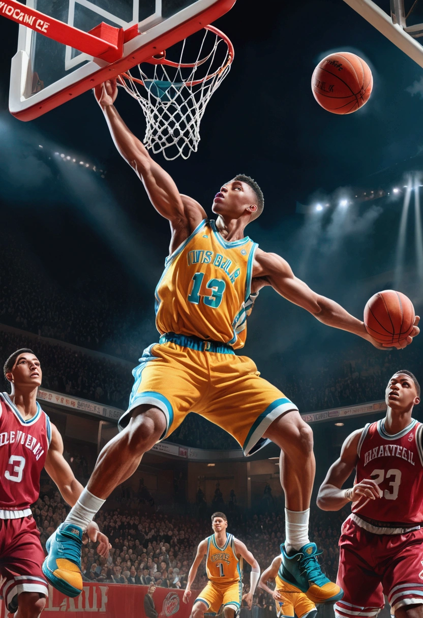 powerful basketball Dunk, Game-Winning Dunk, by Bob Byerley, full body, cinematic still, (best quality, masterpiece), very aesthetic, perfect composition, intricate details, ultra-detailed, vivid colors