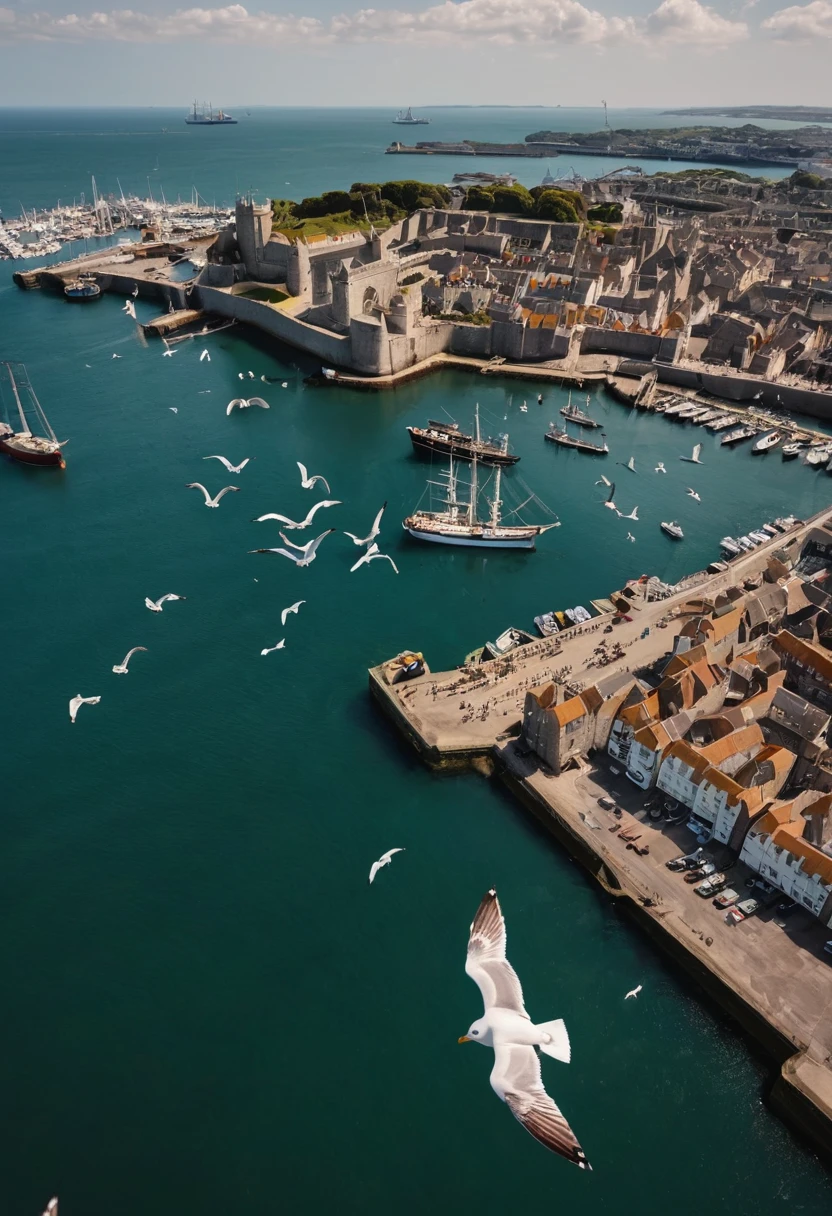 Aerial shot. A seagull is soaring in the sky, below it, a Brig is docking at the harbour, as well as othe seagulls flying in the sky, medieval era