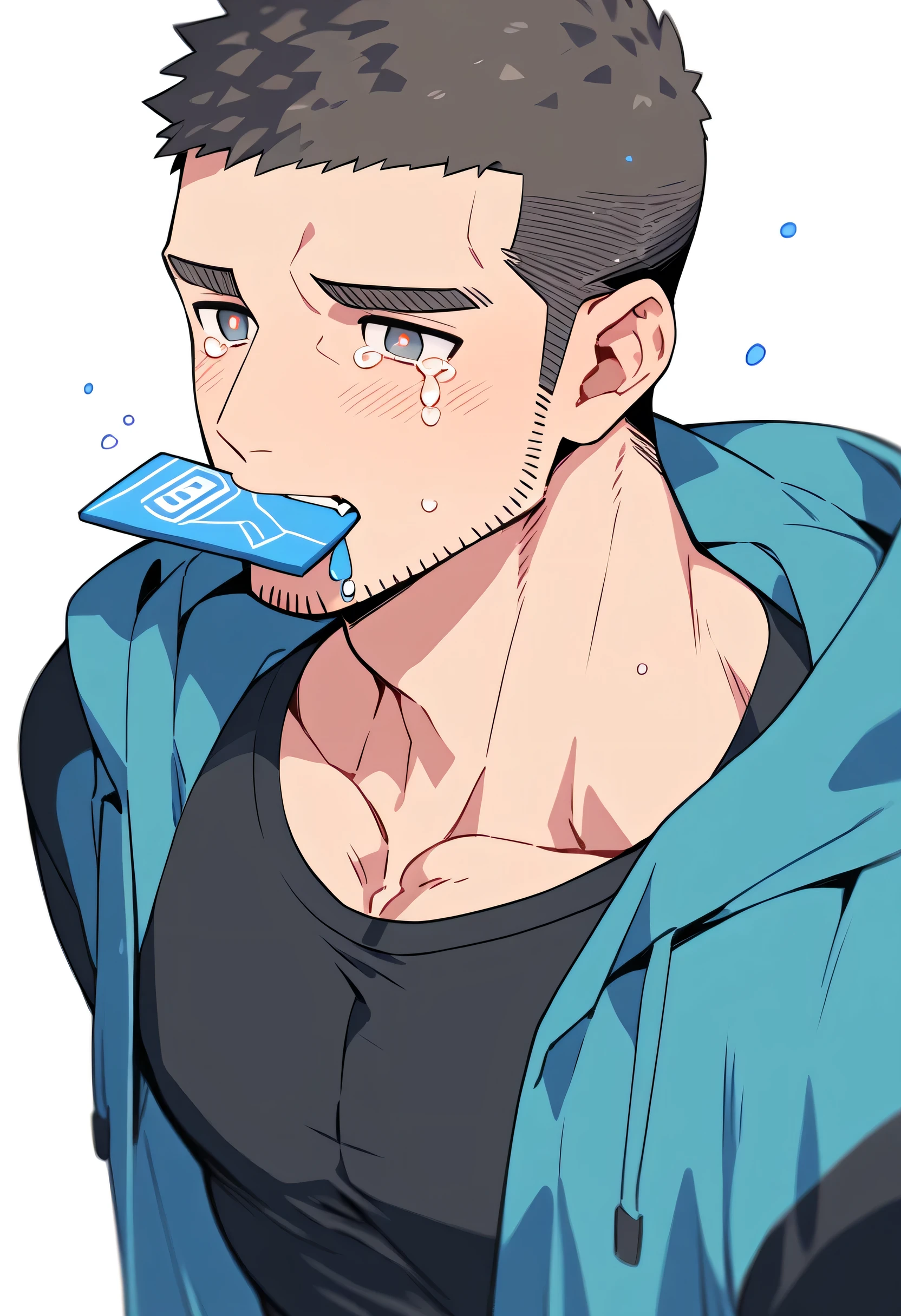 anime characters：Priapus, Muscle Sports Student, Buzz Cut, Manliness, male focus, Sports tight hooded sweatshirt, Very tight, full and perky chest muscles, muscular male, muscular, only, Upper body, alone, Black short hair, Thick eyebrows, stubble, Brown-red pupils, White background, simple background, amazing quality, best aesthetics, Ridiculous, crew cut, sad, crying, sobbing, blush, mouth hold, negative space, best quality