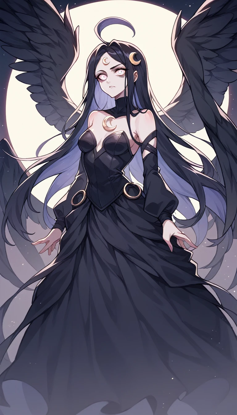 A dark, mystical anime-style female angel character in a 9:16 aspect ratio. She has long, flowing dark hair, with large black wings and a somber, enigmatic expression. She wears a detailed, dark-colored dress with gothic patterns. The background features a night sky with swirling dark clouds and a crescent moon, creating an eerie and captivating atmosphere. Her pose is graceful yet powerful, exuding a sense of dark allure and mystery. The image should appeal to a chuunibyou aesthetic, incorporating elements of fantasy and darkness.