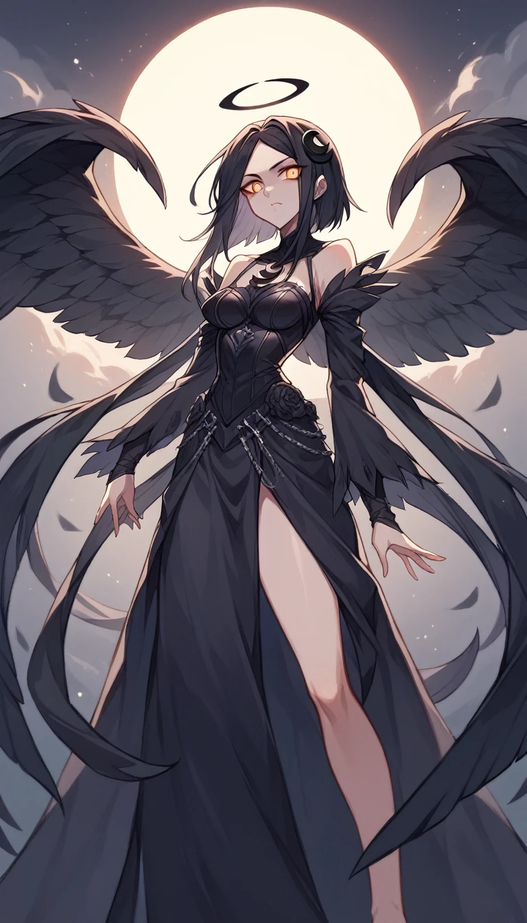 A dark, mystical anime-style female angel character in a 9:16 aspect ratio. She has long, flowing dark hair, with large black wings and a somber, enigmatic expression. She wears a detailed, dark-colored dress with gothic patterns. The background features a night sky with swirling dark clouds and a crescent moon, creating an eerie and captivating atmosphere. Her pose is graceful yet powerful, exuding a sense of dark allure and mystery. The image should appeal to a chuunibyou aesthetic, incorporating elements of fantasy and darkness.