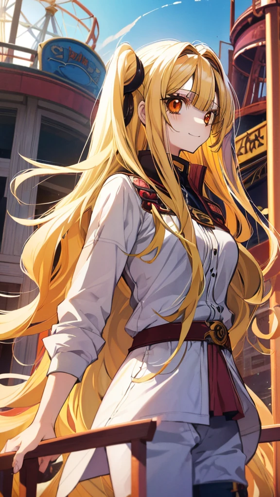 best quality, extremely detailed,anime style girl,((wavy)) long hair,((((blunt bangs)))),(hair between eyes),((bright blond hair)),beautiful detailed eyes,Orange eyes,Sharp eyes with many eyelashes,huge breasts,(((casual clothing))),short pants,trousers,hair ornament,((amusement park)),smile,dynamic pose,tunndere