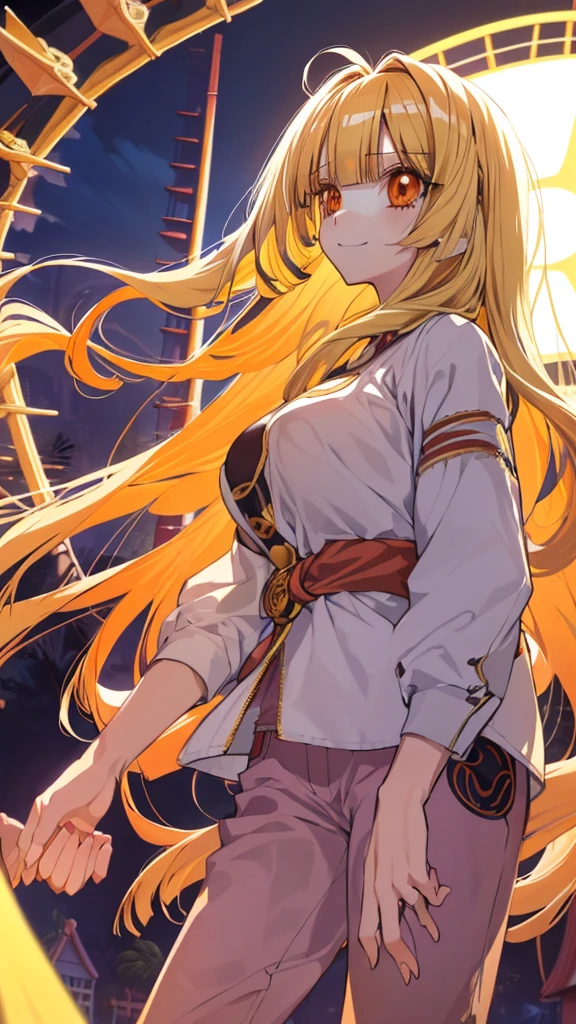 best quality, extremely detailed,anime style girl,((wavy)) long hair,((((blunt bangs)))),(hair between eyes),((bright blond hair)),beautiful detailed eyes,Orange eyes,Sharp eyes with many eyelashes,huge breasts,(((casual clothing))),short pants,trousers,hair ornament,((amusement park)),smile,dynamic pose,tunndere