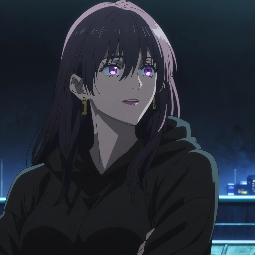 1girl, female gojo satoru, anime screencap from jujutsu kaisen, gojo satoru female version, solo, long_hair, purple eyes (black_hair)), night view, (hanging breasts) upper_body, smile, purple_eyes, lips, ((wearing black hoodie )) breast, "very detailed and high resolution" (purple eyes) ((cross arms)) ((long hair, hair between eyes)) ((solo)) (front view) (earings) ((high resolution)) ((good quality))