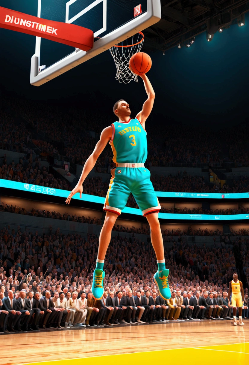 powerful basketball Dunk, Game-Winning Dunk, by Oliver Jeffers, full body, cinematic still, (best quality, masterpiece), very aesthetic, perfect composition, intricate details, ultra-detailed, vivid colors