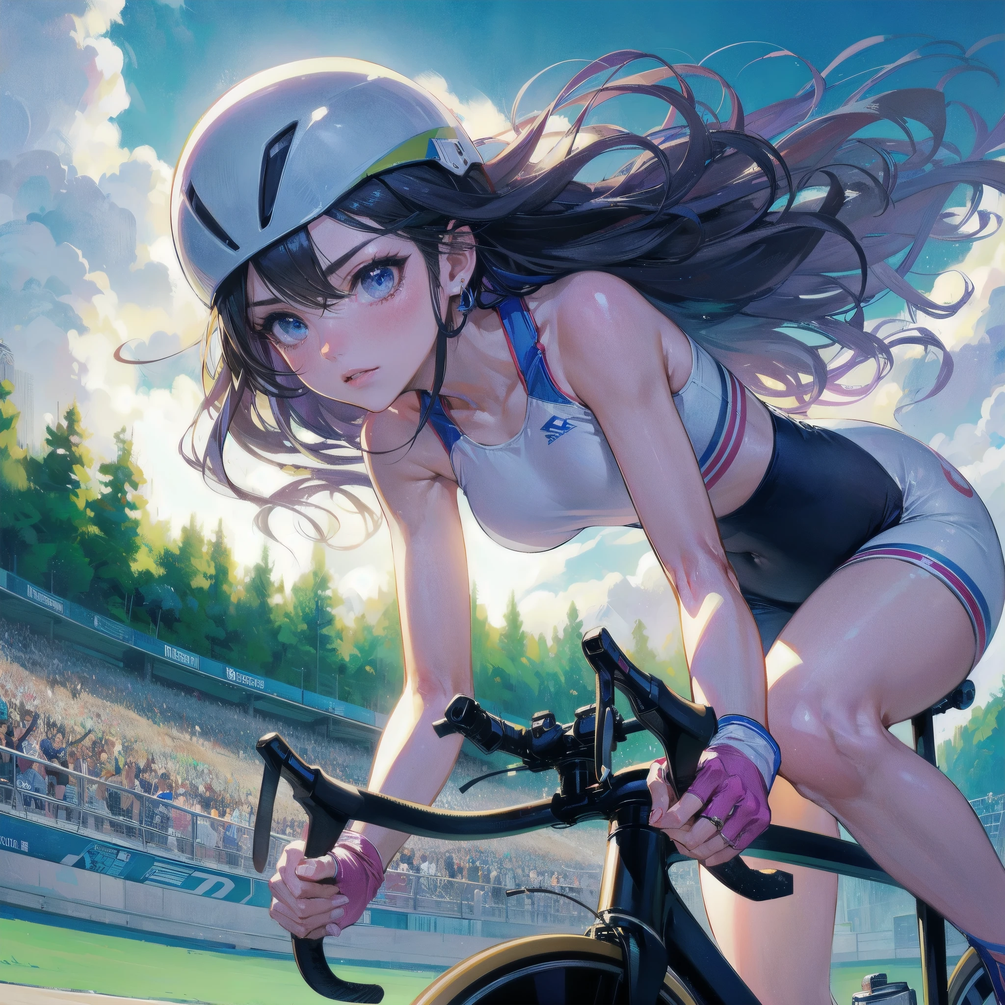 masterpiece, (textured skin), best quality, gorgeous beautiful girl, (a female cycling athlete), detailed clothes,large breasts,narrow waist,, (beautiful face), cinematic lighting, (at cycling venue ),