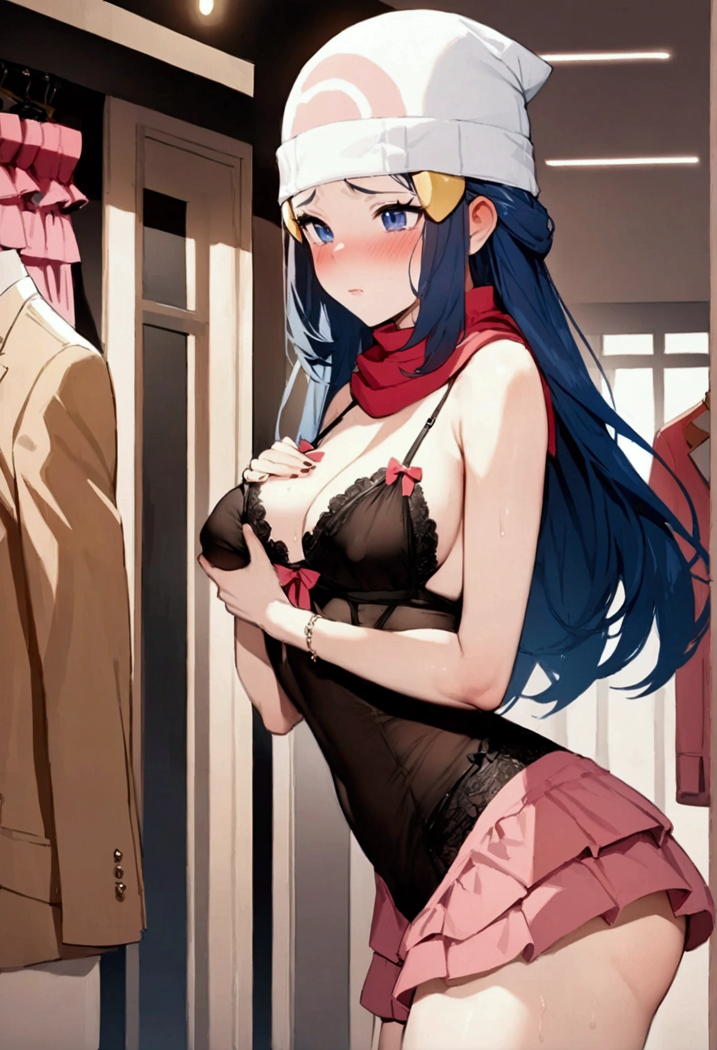 NSFW,masterpiece,Highest quality,High resolution,Super detailed,dawn_\(pokemon\),blue eyes, Blue Hair, Long Hair, Side Lock, Hair Clip, Beanie, Black Dress, No sleeve, Pink Skirt, scarf,Embarrassed,blush,Luxury lingerie shop,(Underwear section),Luxury stores,(Male clerk),A man rubs his chest from behind