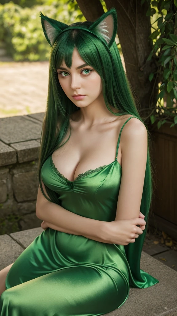 a girl.  face sent feeling.  Europe.  Oval face.  long face.  delicate facial features.  sad eyes.  seductively seductive.  green eyes.  long straight hair.  green hair.  Sad and disappointed expression.  big breasts.  green silk nightgown.  Fake cat ears on head.  shy sitting posture.  straight face.  outdoor