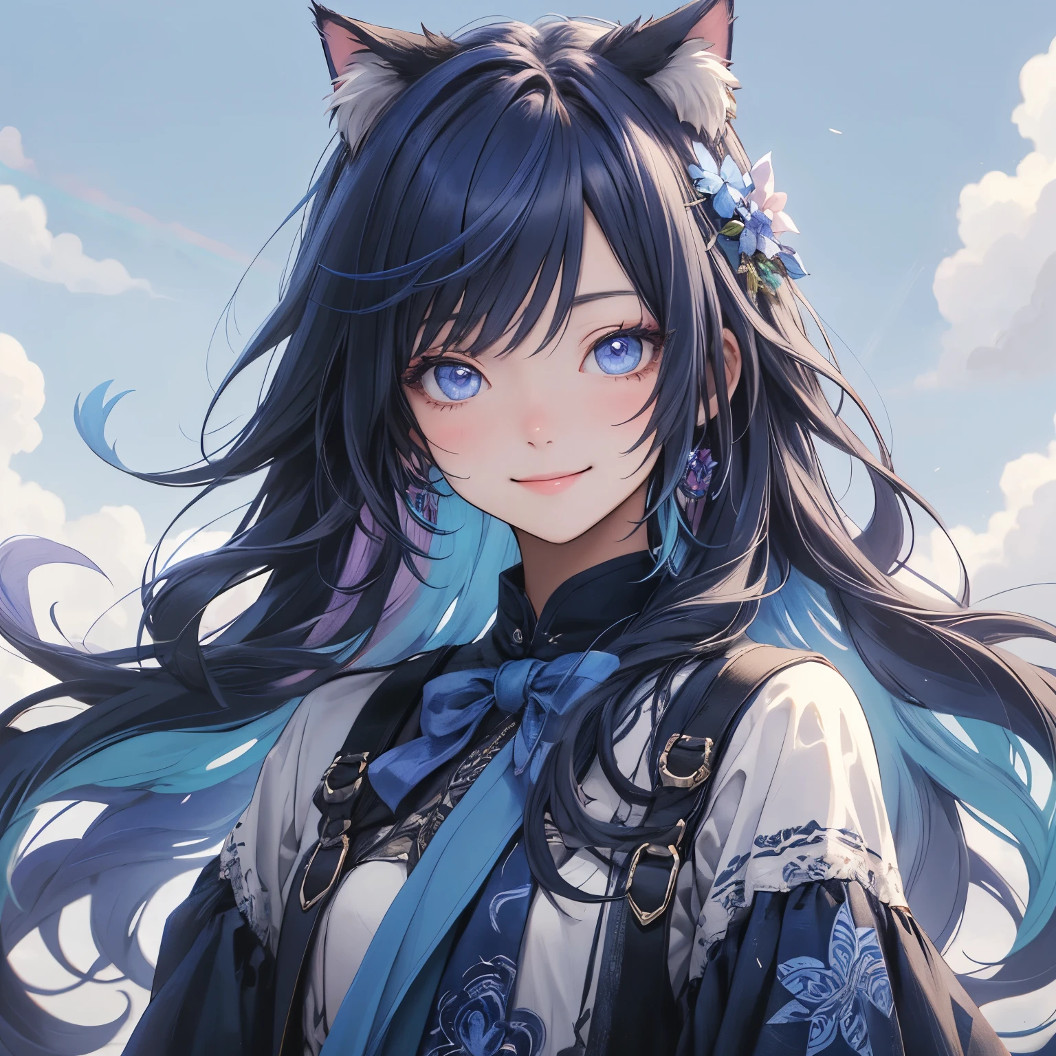 (masterpiece), Highest quality, Ultra-high resolution,Cat with indigo ribbon、Indigo Hair、Indigo eyes、Indigo clothing、smile、Rainbow in the sky、blue sky、stroll