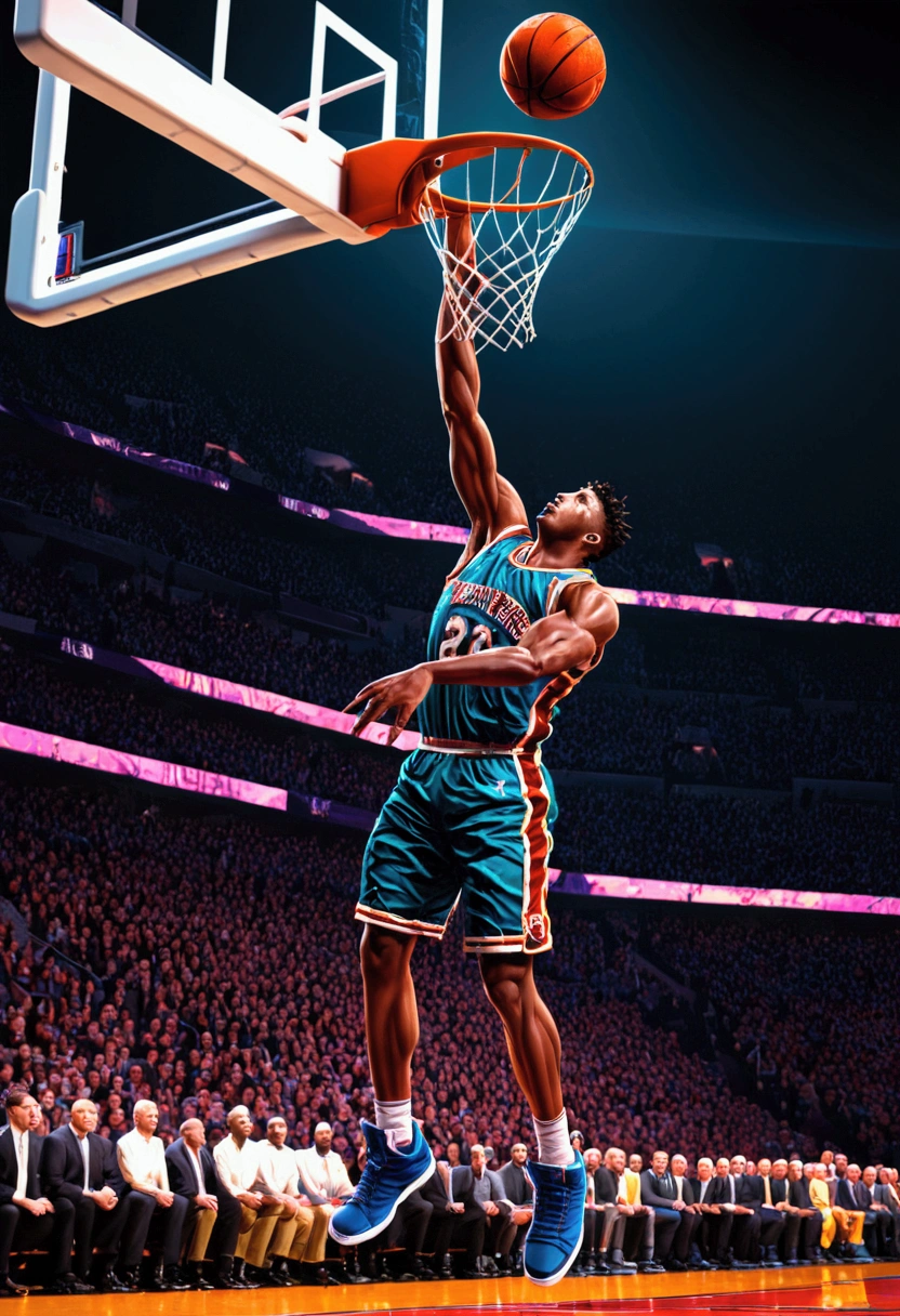 powerful basketball Dunk, Game-Winning Dunk, by dan mumford, full body, cinematic still, (best quality, masterpiece), very aesthetic, perfect composition, intricate details, ultra-detailed, vivid colors