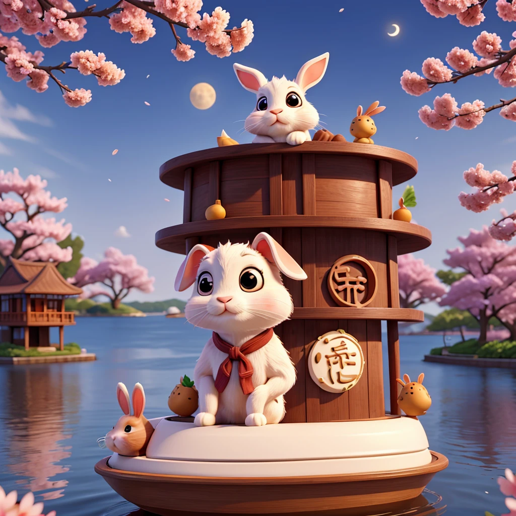 Rabbit Sitting On The Boat Eating Moon Cakes with cherry blossoms in the background
