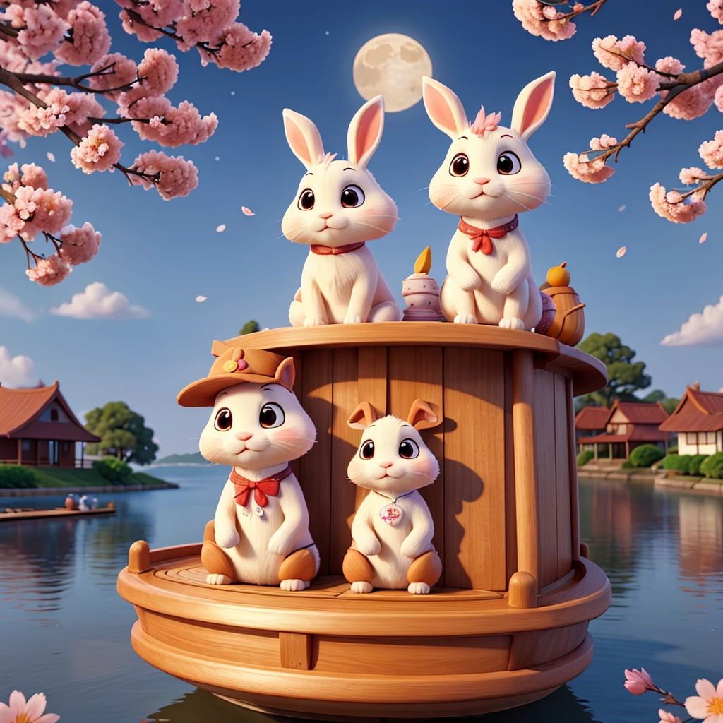 Rabbit Sitting On The Boat Eating Moon Cakes with cherry blossoms in the background
