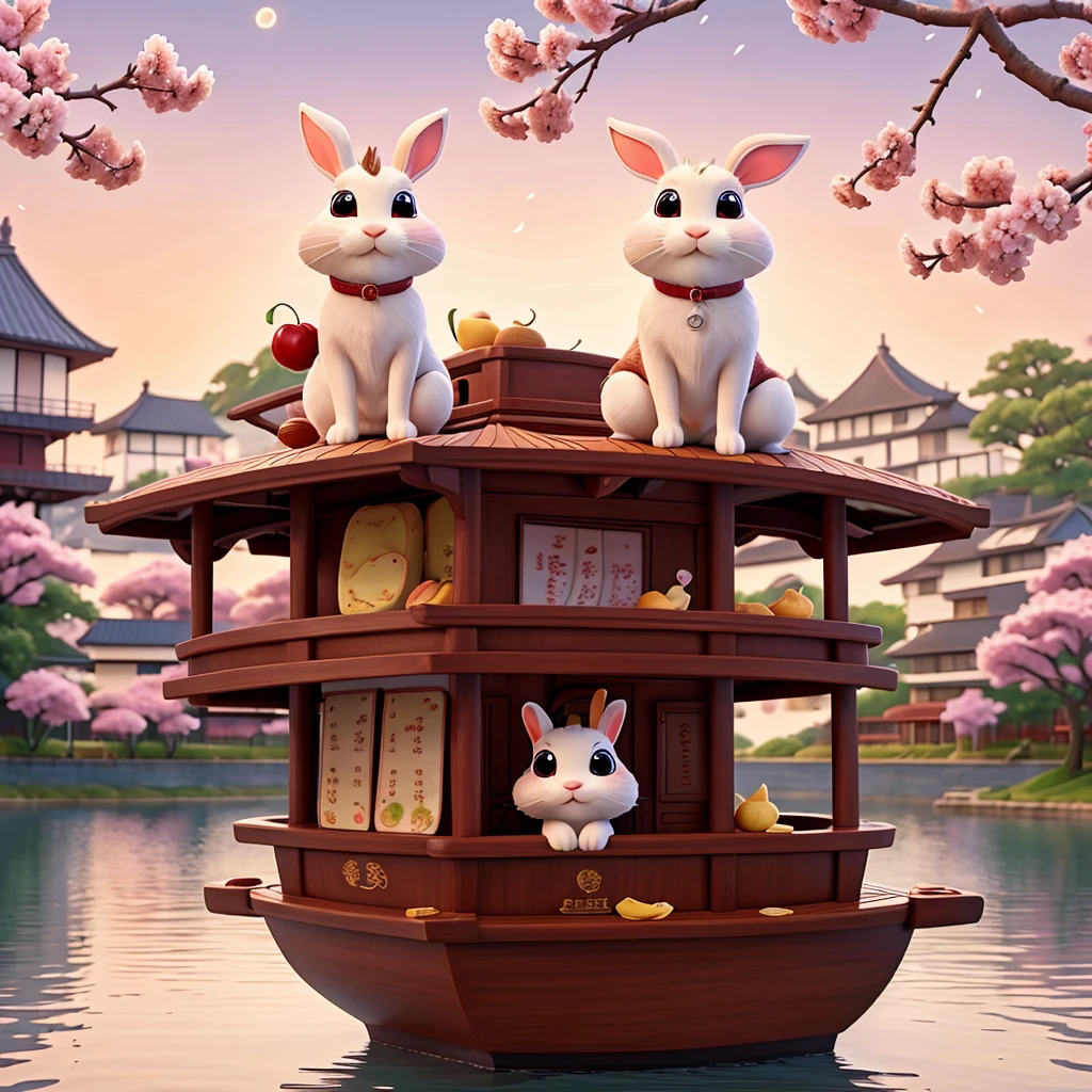 Rabbit Sitting On The Boat Eating Moon Cakes with cherry blossoms in the background