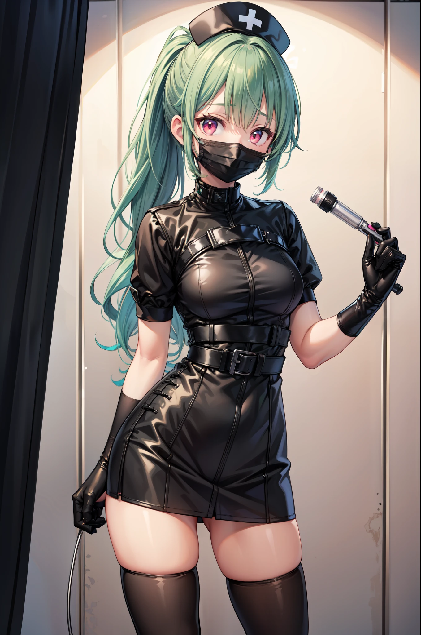black nurse, 1girl, solo, black nurse cap, black nurse uniform, ((black legwear, zettai ryouiki)), black elbow gloves, ponytail, green hair, pink eyes, ((black surgical mask, covered nose)), standing, ((surgery room)), sharp outline, short sleeves, best quality, masterpiece