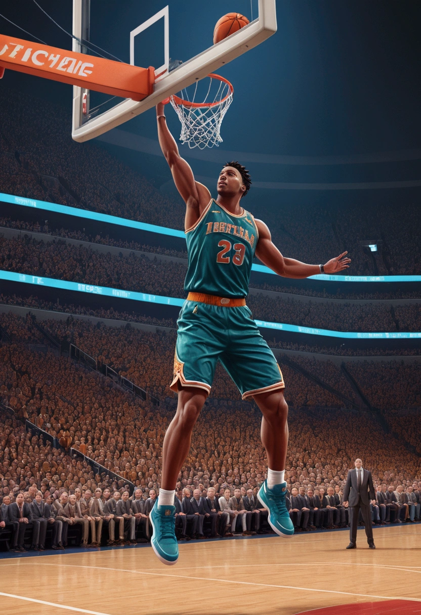 powerful basketball Dunk, Game-Winning Dunk, by dan mumford, full body, cinematic still, (best quality, masterpiece), very aesthetic, perfect composition, intricate details, ultra-detailed, vivid colors