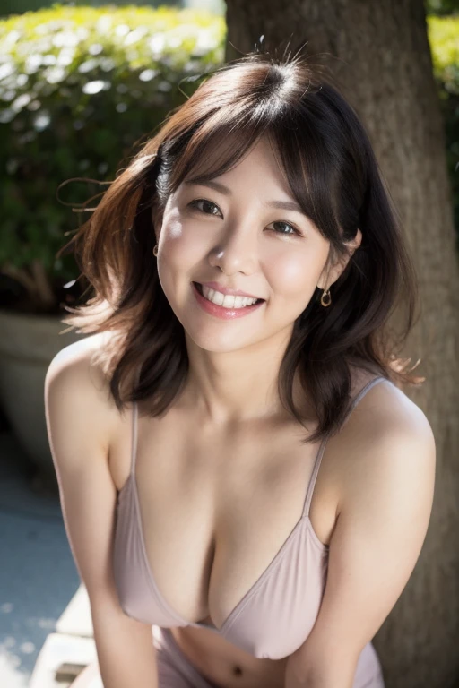 最high quality, In 8K, Masseter muscle area, Lifelike, Sharp focus, high quality, High resolution, Detailed face, Detailed eyes, Thick lips, Background Blur, solo, Middle-aged women nude, (nude) , 55 years old, , Wavy Hair, Cleavage, Afternoon in front of the park garden, Wrinkles around the eyes, Toothy smile