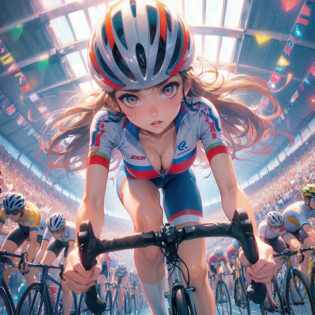 masterpiece, (textured skin), best quality, gorgeous beautiful girl, (a female cycling athlete), detailed clothes,large breasts,narrow waist,, (beautiful face), cinematic lighting, (at cycling venue ),