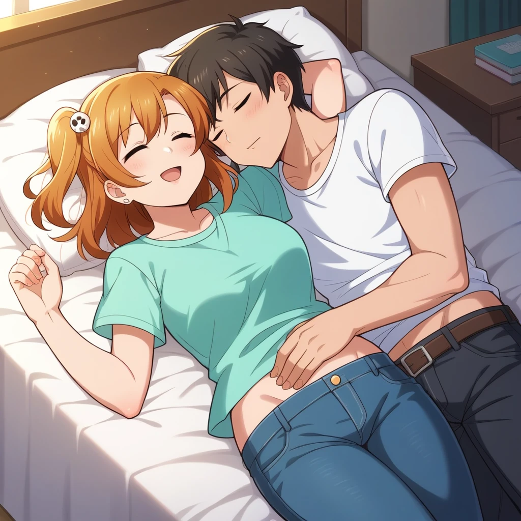 (Masterpiece, Best Quality, High Quality), professional artwork, well drawn, Intricate Details,(((a fat boy and a girl sleeping on bed))),Kousaka honoka, room, earring, t-shirt, midriff peek, denim pants, curvy hip, blue eyes,happy, sleeping ,1boy, sexually suggestive 