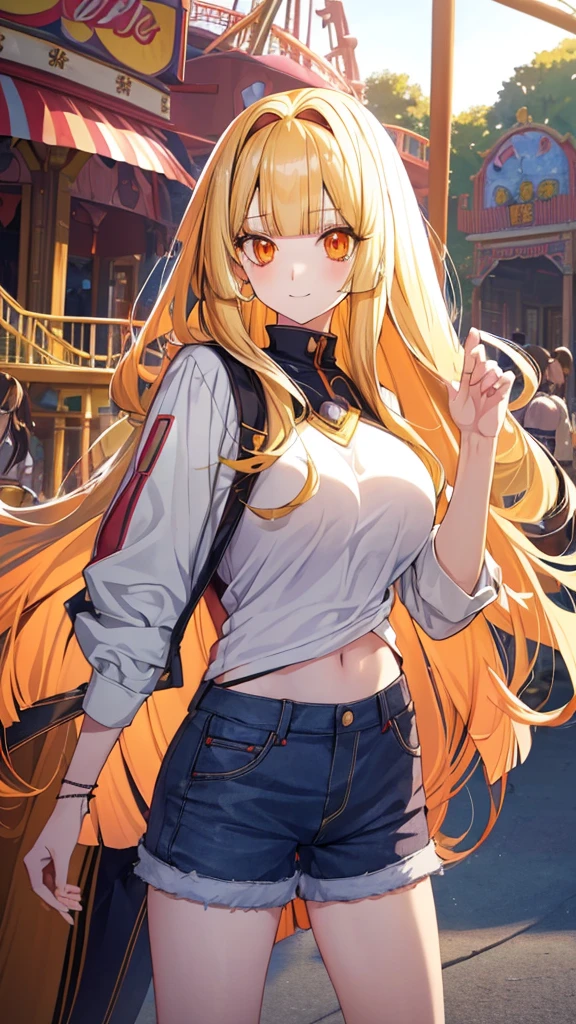 best quality, extremely detailed,anime style girl,((wavy)) long hair,((((blunt bangs)))),(hair between eyes),((bright blond hair)),beautiful detailed eyes,Orange eyes,Sharp eyes with many eyelashes,huge breasts,(((casual clothing))),short pants,trousers,hair ornament,((amusement park)),smile,dynamic pose,tunndere