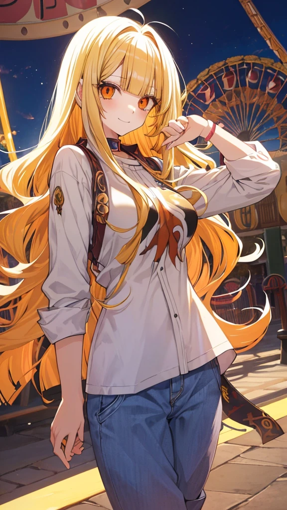 best quality, extremely detailed,anime style girl,((wavy)) long hair,((((blunt bangs)))),(hair between eyes),((bright blond hair)),beautiful detailed eyes,Orange eyes,Sharp eyes with many eyelashes,huge breasts,(((casual clothing))),short pants,trousers,hair ornament,((amusement park)),smile,dynamic pose,tunndere