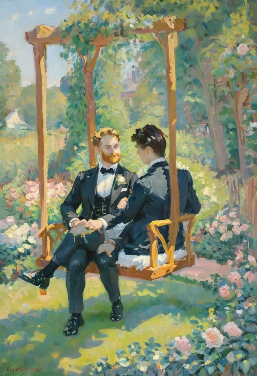 oil painting of handsome couple of hunk irish mens with a wedding suits,cuddling,in a beautiful rose swing,morning bright, warm vibrant,by monet x beatrix potter,soft shadows,masterpiece,baroque,masterpiece,sharp details,massive level of details,trending on pinterest,