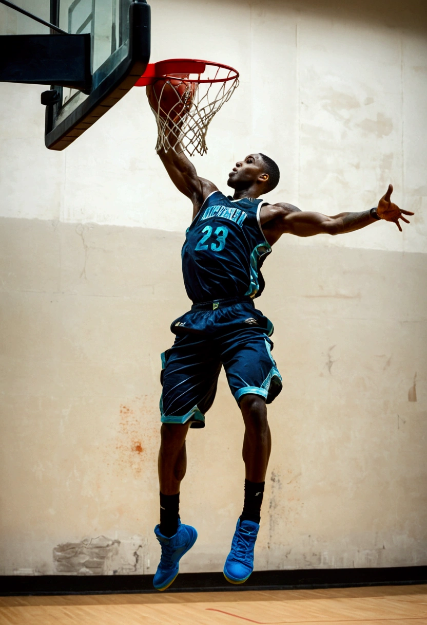 powerful basketball Dunk, Game-Winning Dunk, by Guy Denning, full body, cinematic still, (best quality, masterpiece), very aesthetic, perfect composition, intricate details, ultra-detailed, vivid colors