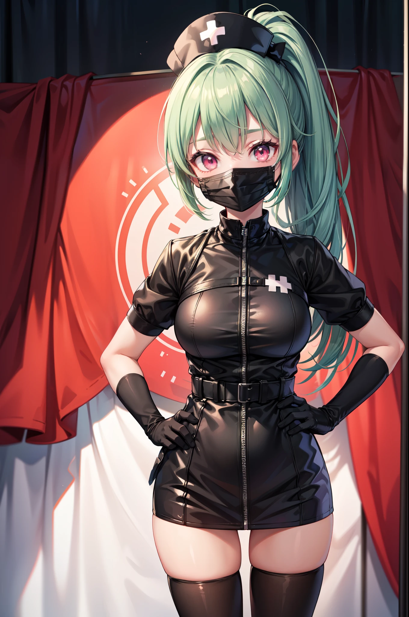 black nurse, 1girl, solo, black nurse cap, black nurse uniform, ((black legwear, zettai ryouiki)), black elbow gloves, ponytail, green hair, pink eyes, ((black surgical mask, covered nose)), standing, ((surgery room)), sharp outline, short sleeves, best quality, masterpiece