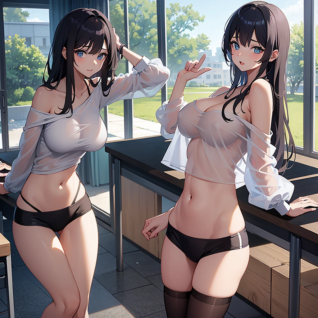 Attractive girl in see-through underwear breastfeeding while standing up in class, with big breasts