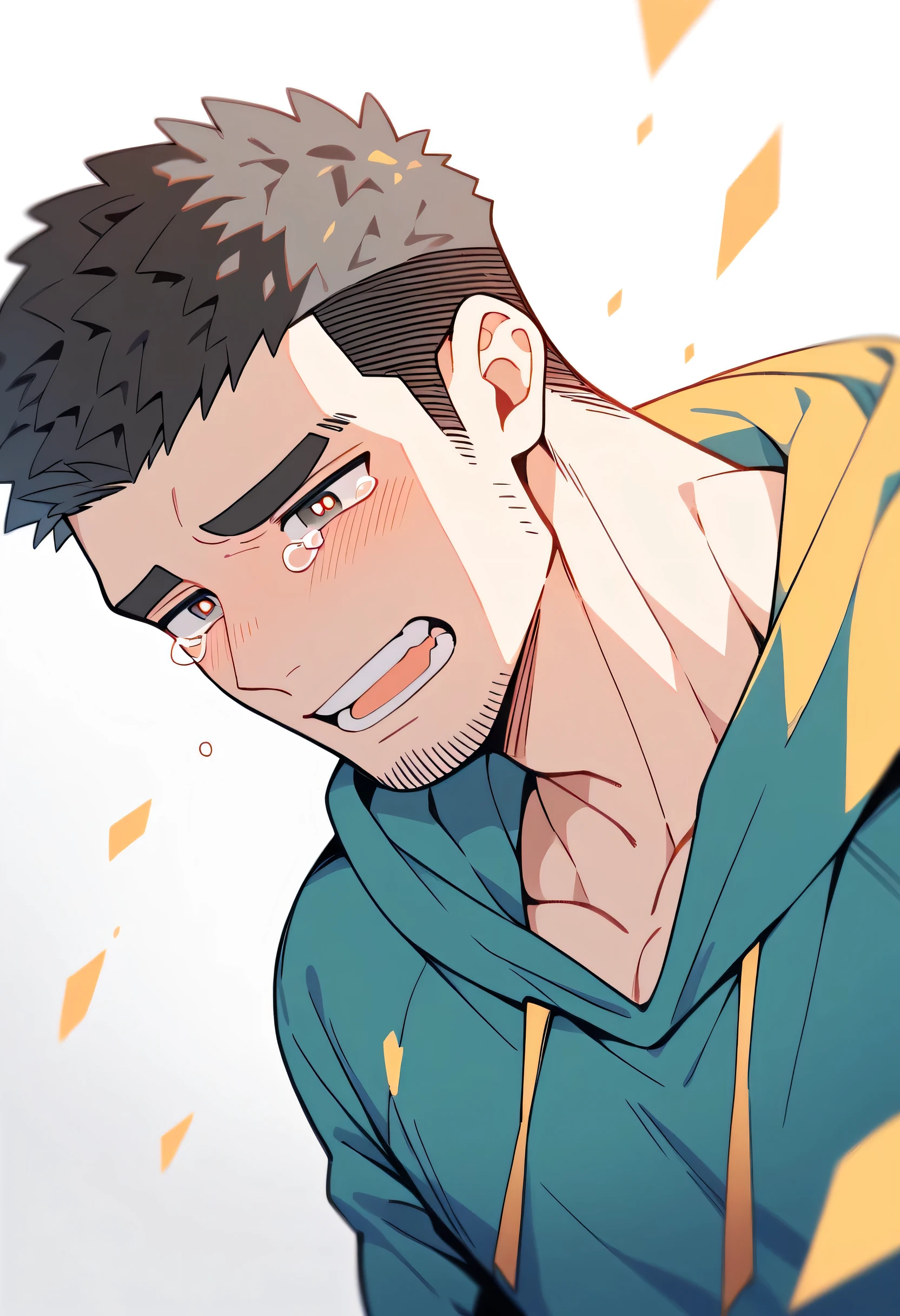 anime characters:Priapus, Muscle Sports Student, Manliness, male focus, Sports tight hooded sweatshirt, Very tight, full and perky chest muscles, muscular male, muscular, only, Upper body, alone, Black short hair, Thick eyebrows, stubble, Brown-red pupils, White background, simple background, amazing quality, best aesthetics, Ridiculous, crew cut, sad, crying, sobbing, blush, Grit your teeth, open mouth, negative space, best quality