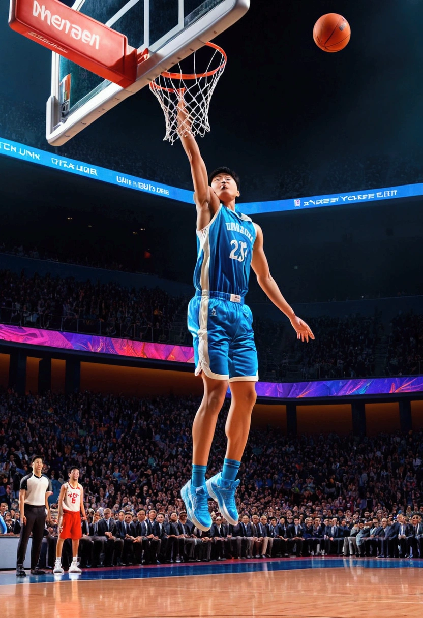 powerful basketball Dunk, Game-Winning Dunk, by Guy Denning, full body, cinematic still, (best quality, masterpiece), very aesthetic, perfect composition, intricate details, ultra-detailed, vivid colors