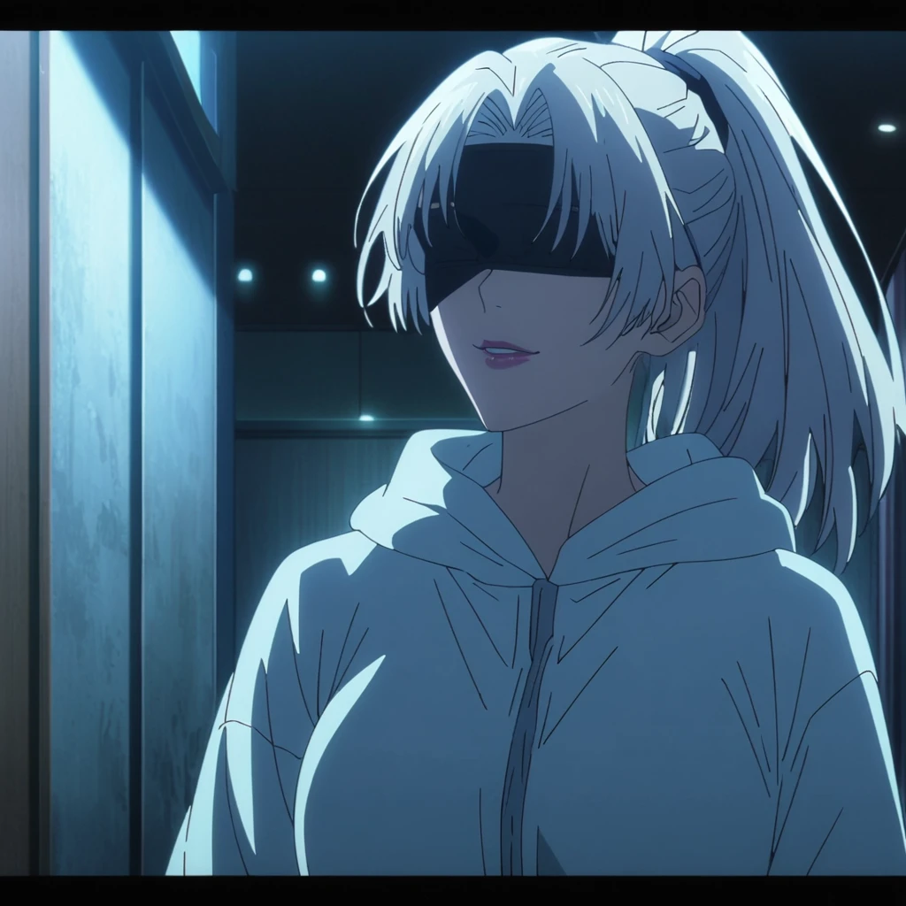 1girl, female gojo satoru, anime screencap from jujutsu kaisen, gojo satoru female version, solo, long_hair, ((wearing black blindfold)) ((White_hair, high ponytail)), night view, (hanging breasts) upper_body, smile, indoors, book, lips, (long hair) ((wearing white colour night suit)) breast, "very detailed and high resolution" (black blindfold) ((solo)) (((front view))) (earings) ((high resolution)) ((good quality)) ((silky hair, high ponytail))
