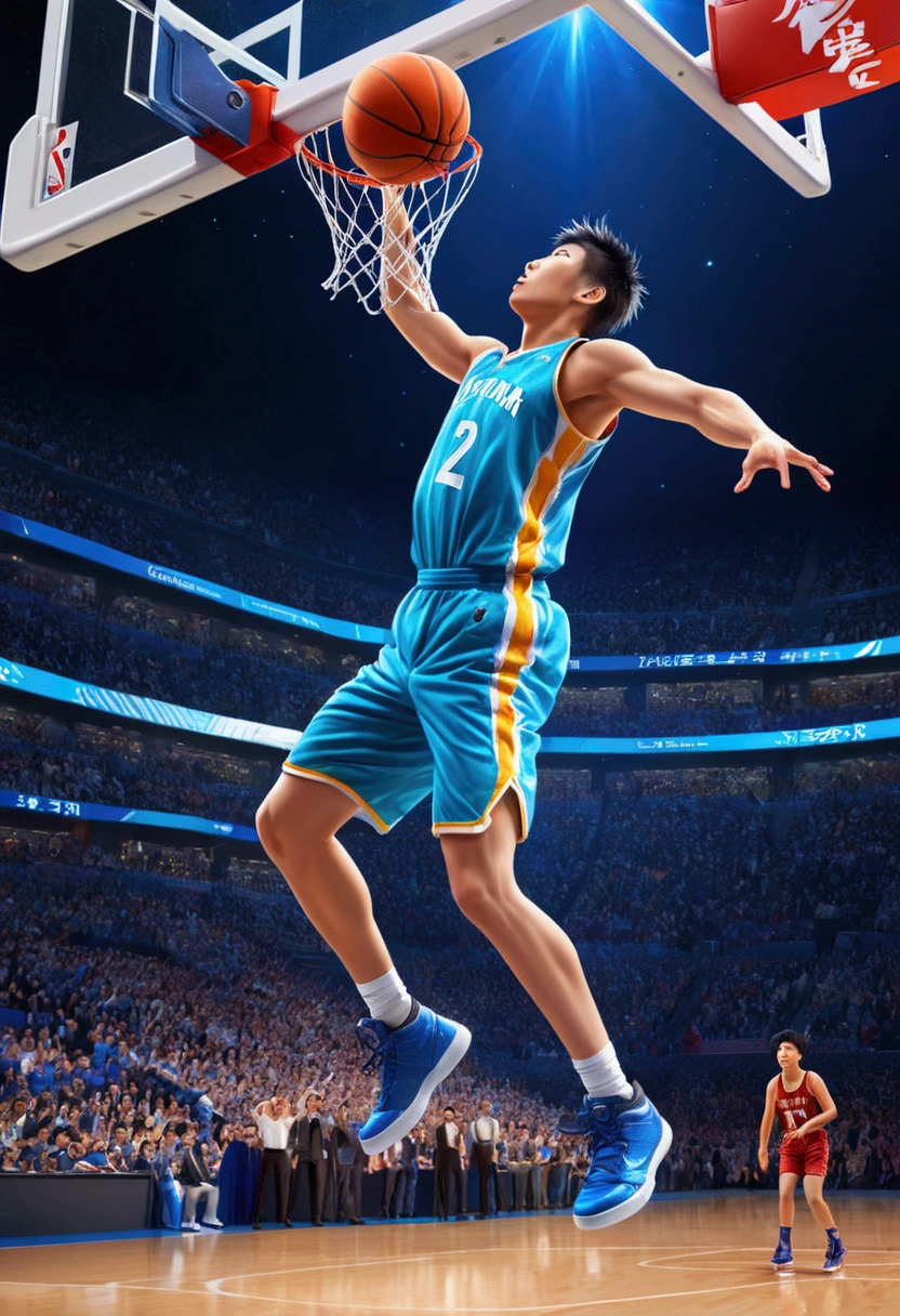 powerful basketball Dunk, Game-Winning Dunk, by Miki Asai, full body, cinematic still, (best quality, masterpiece), very aesthetic, perfect composition, intricate details, ultra-detailed, vivid colors